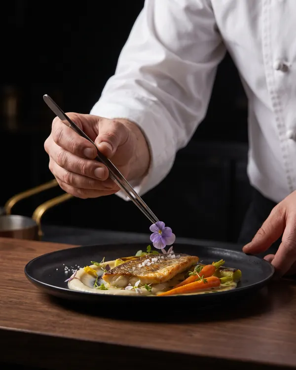 Les mains d'un chef dressent une fleur sur l'assiette